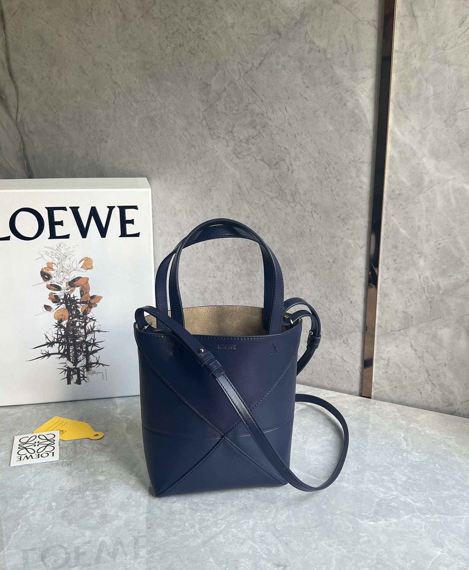 Loewe Mini Puzzle Fold Tote in Shiny Calfskin Dark Blue